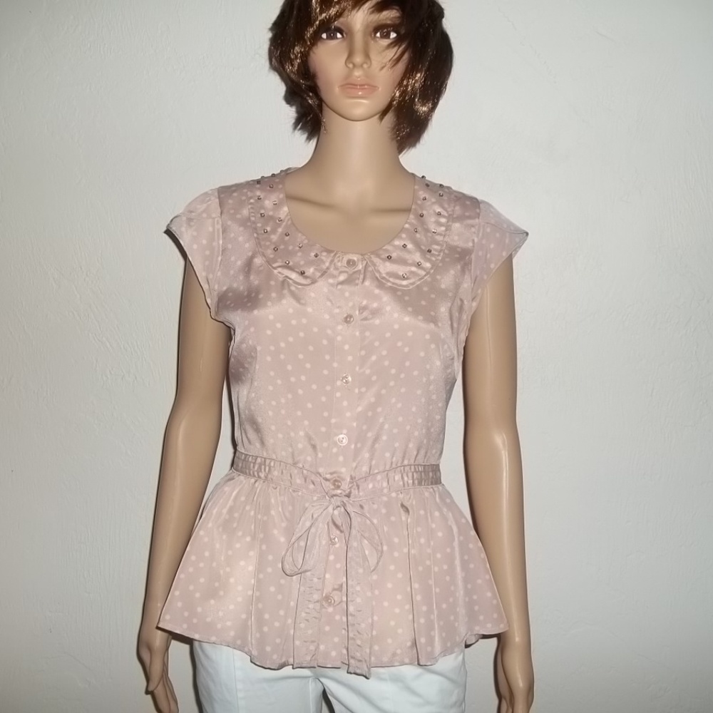 LC  Polka Dot Jewel Tie Buttons Womens' Top-S,NWOT